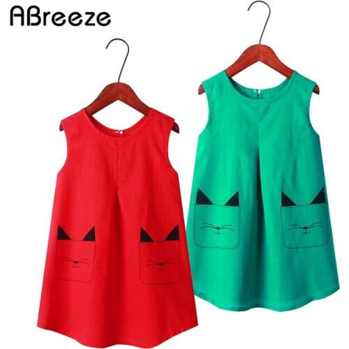 2020 Summer girls dresses cotton vest dresses girls 2-11Y cat print style color green red dresses for kids girls