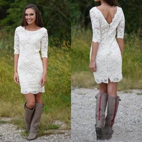 Short Lace Beach Wedding Dresses Half Sleeve 2020 Modest Jewel Neck Low Back Bohemian Western Cowl Girl Country Bridal Dress