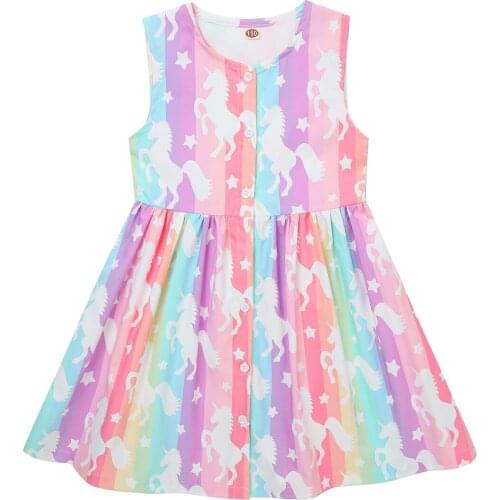 Cute Cartoon Dress For Girls Summer Toddler Baby Girl Dresses Kids Clothing Sleeveless Rainbow Stripe Party Princess Dress