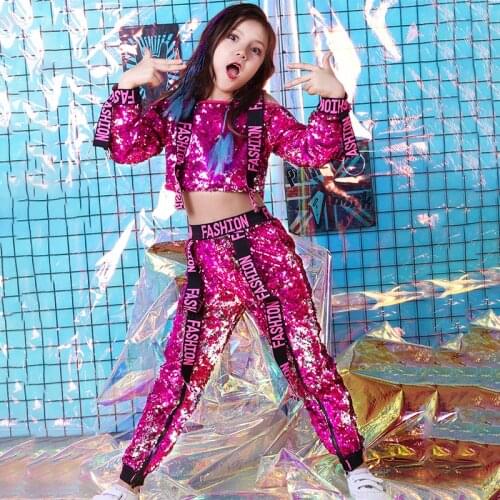 New Child Sequin Top And Pant Set Girl Party Jazz Dance Costume Suit