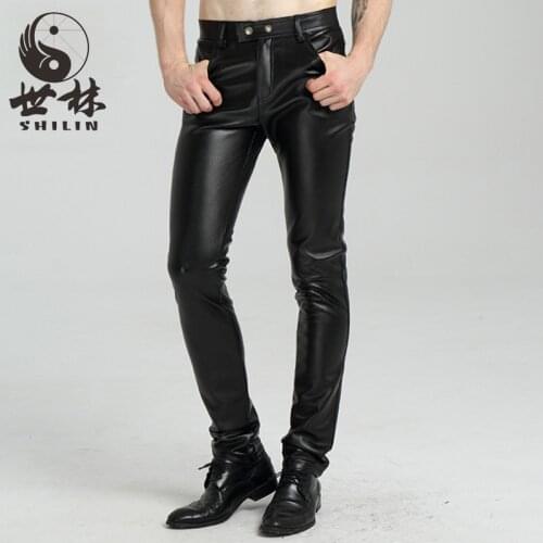 2021 autumn tight leather pants locomotive leather pants with velvet PU straight mens cultivate ones morality pants