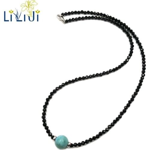 LiiJi 925 Sterling Silver Choker Necklace Black Spinel 3mm Beads Larimar 9-10mm Beads Men/Women Jewelry Mothers Gift
