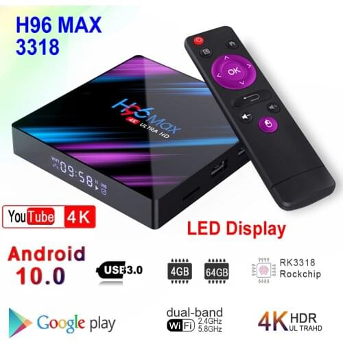 H96 MAX 3318 Android 10.0 Smart TV Box Rockchip RK3318 4GB RAM 64GB ROM BT4.0 USB3.0 2.4G 5G Dual WIFI 3D 4K HDR Media Player