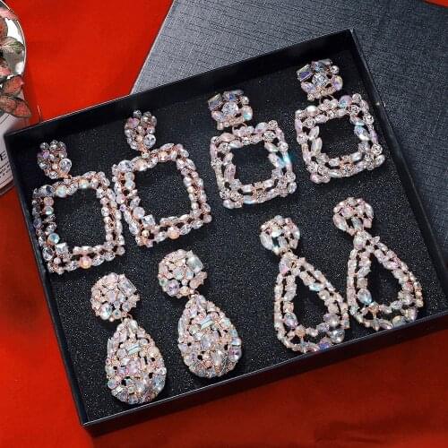 Dvacaman Luxury Shine AB Crystal Statement Earrings 2020 Chic Large Geometric Drop Earrings Square Waterdrop Heart Earrings Gift
