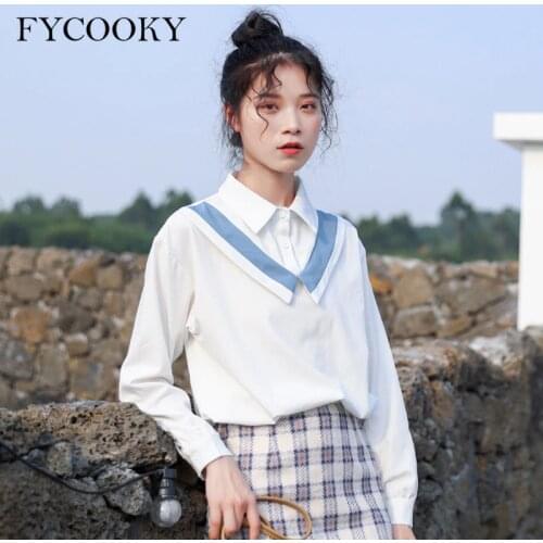Fake Two Piece White Shirts Women 2021 Autumn New College Style Polo Blouses Korean Loose Pullovers Tops Fashion Clothes Woman