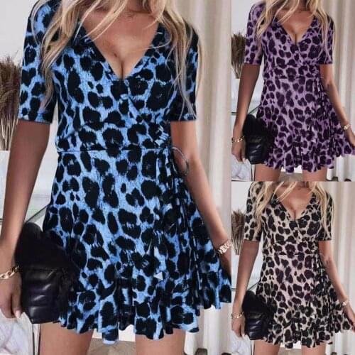 Leopard Print Sexy Womens Dress Loose Printed Short Sleevev-neck Casual Fashion Mini Dress Vestidos Mujer Verano 2021 Dress Wom