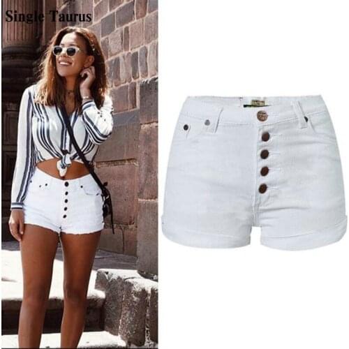 High Waist White Board Shorts Women Single Row Button Fashion Sexy Jeans Short Femme Push Up Skinny Slim Denim Shorts Summer