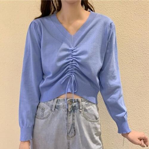 Knitted Crop Top Summer Shirts Solid Slim Knit Top Cropped Tees Long Sleeve Tops Streetwear V Neck Drawstring Knitwear Sweater