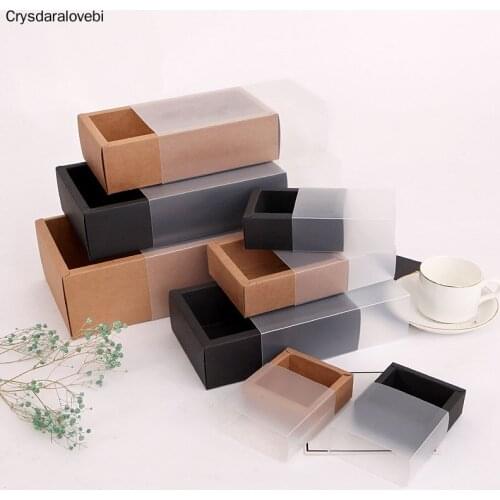 10pcs Kraft Paper Packing Box With Transparent PVC Window Black Delicate Drawer Display Gift Box Wedding Cookie Candy Cake Boxes
