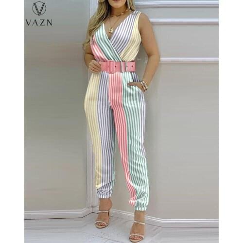 VAZN 2021 Top Quality Striped Fresh Sexy Young Free V-Neck Tank Sleeve Overalls Sweet High Waist Slim Straight Jumpsuits