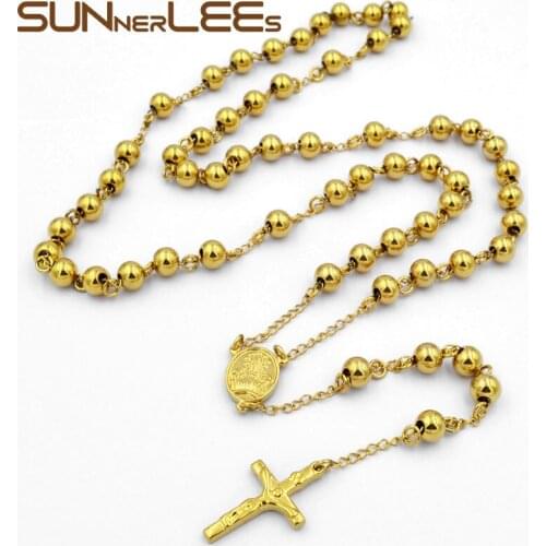 SUNNERLEES Jewelry 3~7mm Stainless Steel Bead Chain Jesus Christ Cross Pendant Necklace Silver Color Gold Plated Men Women SPN01