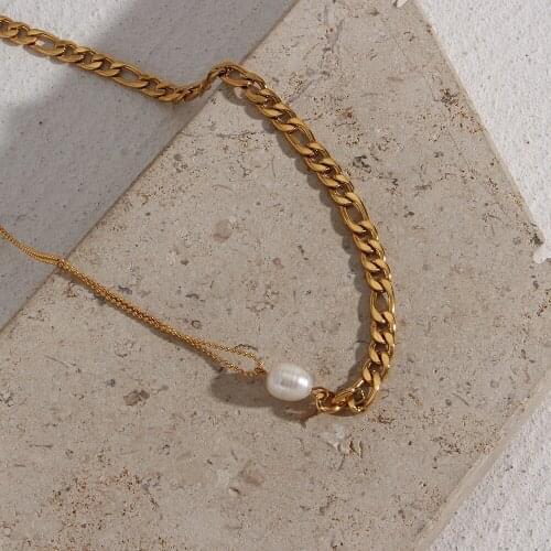 2021 New Design Assymetric Splicing Figaro Chain Beads Chain Pearl Necklace Fashion New Stainless Steel Gold Necklace