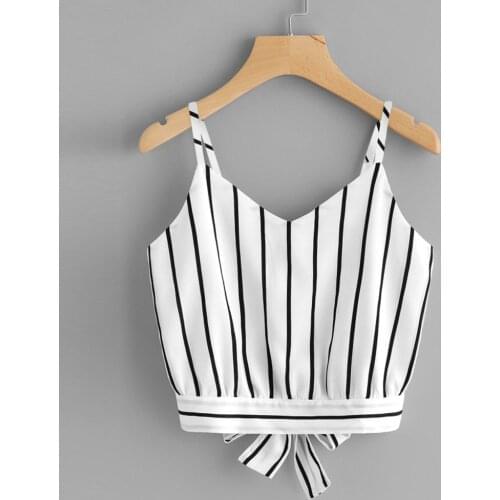 40#Womens Blouses Sexy Bow Self Tie Back V Neck Striped Cami Top Navel Summer Plus Size Harajuku Camisole Blouse Women Clothing