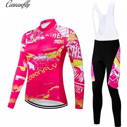 Cawanfly Pro Team Women cycling Jersey Long Sleeve bike MTB Jersey bib pants suit Quick Dry Breathable racing bicycle clothing