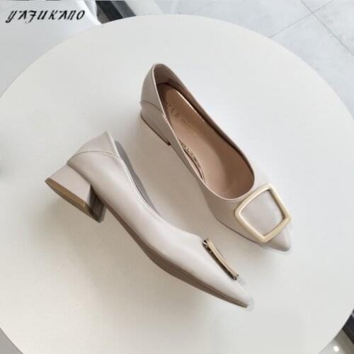 2021 New Pointed Toe Thick Heel High Heels Female Shallow Mouth Low Heel Work Shoes Black Career Metal Square Buckle Boat Shoes