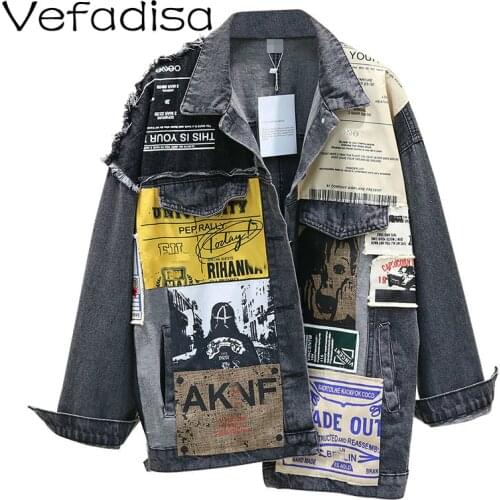 Vefadisa Patch Designs Denim Coat Woman 2021 Spring Autumn Asymmetric Denim Coat Print Streetwear Jacket Loose Black QYF968