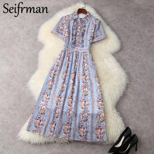 Seifrmann New 2021 Summer Women Fashion Runway Midi Dress Ruffles Short Sleeve Elegant Floral Printed Big Swing Chiffon Dress