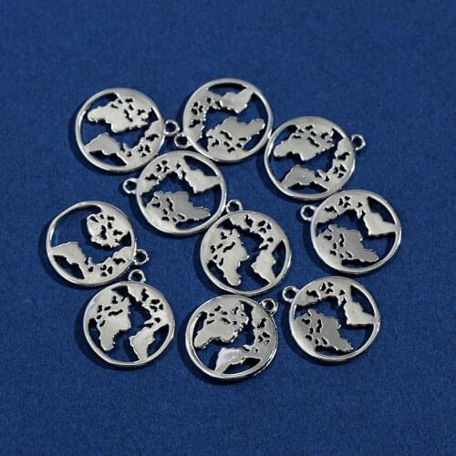 10Pcs World Map Charms Silver Color Alloy Round Shape Pendants For Earring Necklace DIY Crafts Jewelry Making Finding Components