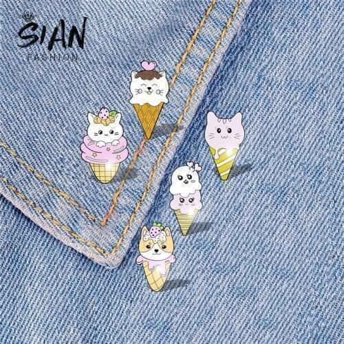 SIAN Cartoon Ice Cream Cat Custom Dog Kitten Puppy Cute Brooches Pins Acrylic Art Photo Lapel Pin Brooch Resin Badge For Clothes