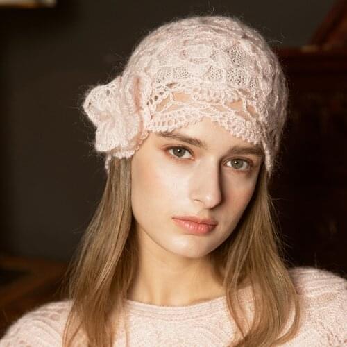 X040 Adult Handmade Bow Beret Autumn Korean-Style Fashion Knitted Hat British Retro Woolen Cap Womens Handmade Knitting Caps