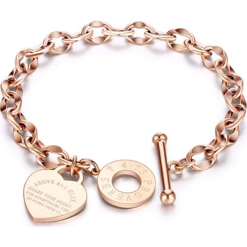 2021 Stainless Steel Link Chain Heart Charms Bracelet for Women Girls OT Buckle Toggle Female Jewelry Valentines Day Gifts