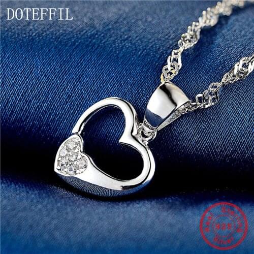 Heart 925 Sterling Silver Women Necklace 18 Inch Water Wave Chain Silver Pendant Necklace Jewelry