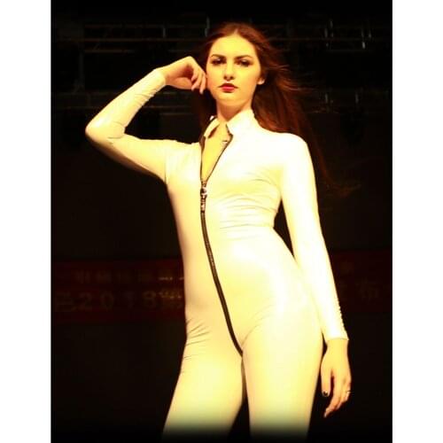 Two-way Separating Zipper Open Crotch Long Sleeve Bodysuit Sexy Latex Catsuit Rompers Womens Jumpsuit Set One Piece Combinasion