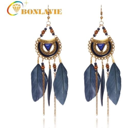 NUNCAD Beaded Feather Ethnic Drop Earrings Wholesale Jewelry Women Fashion Good Quality