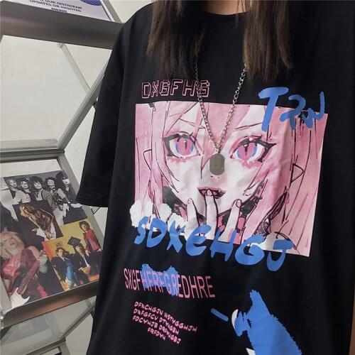 Harajuku Japanese Anime Women T-Shirt Streetwear Loose Casual Short Sleeve Oversize Black Punk Goth Vintage Cotton Y2K Clothes