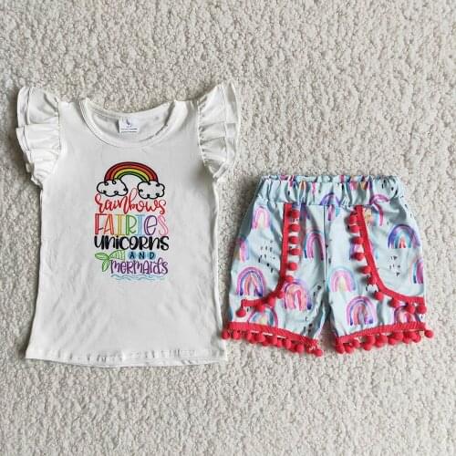 Summer Baby Girls Boutique Outfits Unicorns and Mermaids Shirt Rainbow Shorts With Red Pompom
