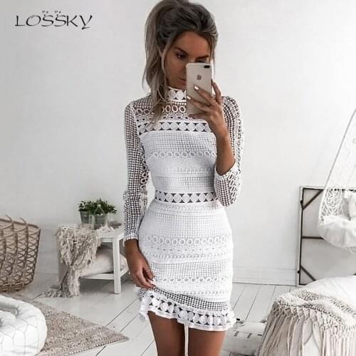 Lossky Sexy White Lace Stitching Hollow Out Party Dresses Elegant Women Short Mini Summer Casual Dresses Clothes For Women 2020