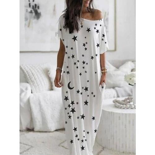 New Summer Womens Boho One Shoulder Star Print White Casual Pocket Sleepwear Long Maxi Pajamas Nightgown Dress Vestidos De Mujer