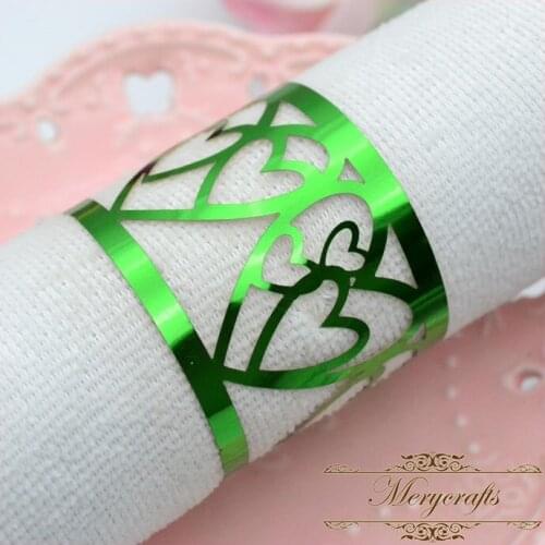 NP02 High Quality Hot Sale Metallic Green Paper Carved Heart Wedding Birthday Party Laser Cut Napkin Rings