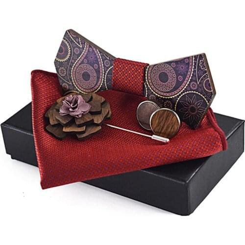 Dropshipping men gift items brooch pin cufflink mens print floral wood bow tie set with kerchief box for women