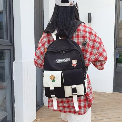 New Panelled Waterproof Nylon Women Backpack Female Eye-Splice Schoolbag for Teenage Girls Double Front Pocke Backpack