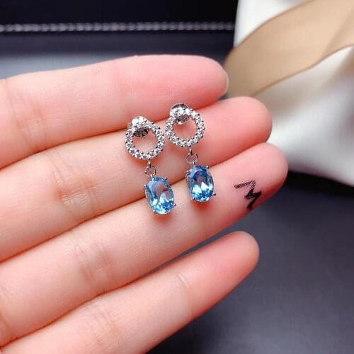 Natural Topaz Drop Earrings, S925 Sterling Silver White Gold Ladys Natural Blue Gem Earrings，Womens Simple Style Earrings