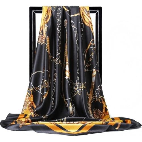 Silk Scarf Women Hair Neck 90*90cm Square Scarves for Ladies Shawl Bandanna Muslim Hijab Handkerchief Mask for Face Fashion