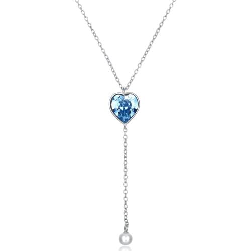 ZEMIOR S925 Sterling Silver Heart Pendant Long Tassels Necklace For Women Shining Blue Austria Crystal Fine Jewelry Hot sale