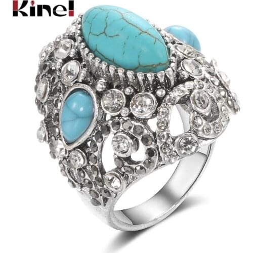 Kinel Hot Natural Stone Big Vintage Wedding Rings For Women Tibetan Silver Mosaic Blue Crystal Fashion Boho Jewelry Love Gift