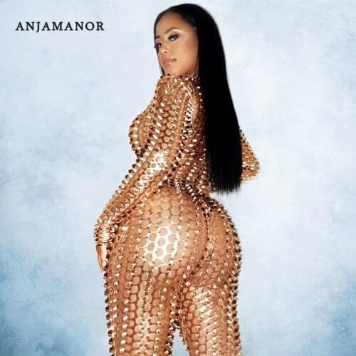 ANJAMANOR Shiny Hollow Out Jumpsuit Women Sexy Plus Size Long Sleeve One Piece Outfit Rave Club Wear Gold Silver Black D52-ED36