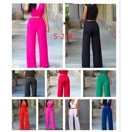 13 colors S-XXL Women Jumpsuit Summer Sleeveless V-neck Long Overalls Elegant Rompers Bow Playsuit With PU Waist Belt