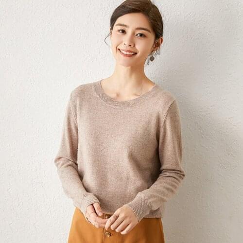 Cashmere sweater women O-neck knitted sweater solid color slim long-sleeved sweater 100% wool pullover soft bottoming shirt