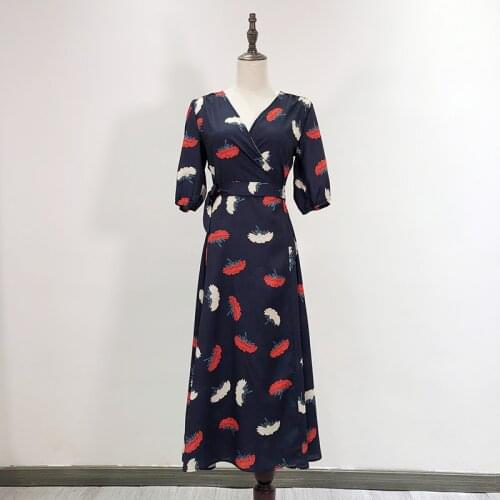 Women Dress 2020 Spring Summer New Carnation Print Wrap Long Dress