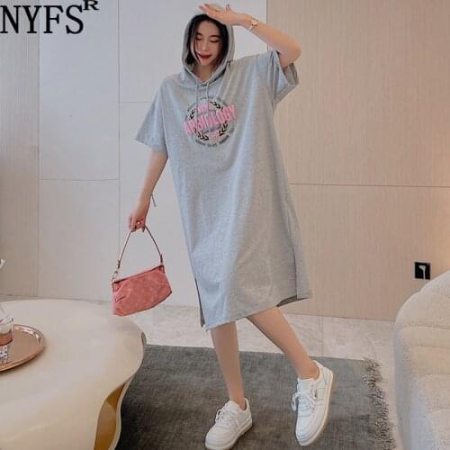NYFS Summer Dress 2021 Korean New Hooded Short sleeve Woman Dress Vestidos Robe Elbise Fashion Loose Printing Dresses