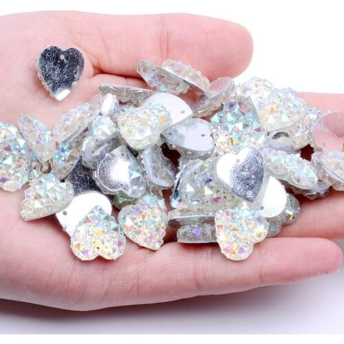 14mm 100pcs Heart Shape AB Colors Flatback Resin Rhinestones Gems With 2 Holes Sew On DIY Scrapbooking Craft Jewelry Decoration