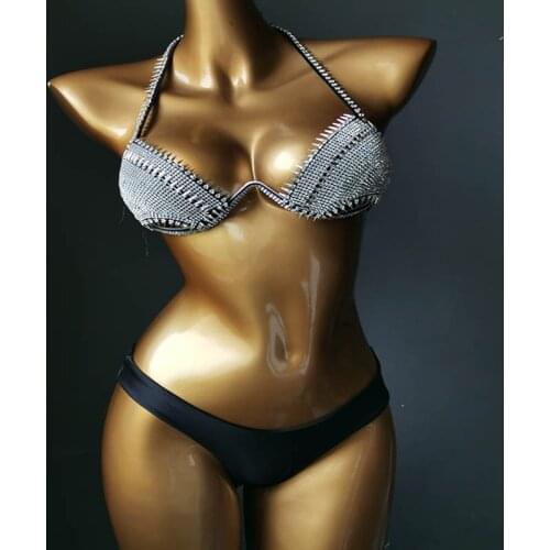2021 Glitter Rhinestone Diamond Tassel Sexy Swimsuits Hollow Out Push Up Padded Wire Free Halter Adjustable Bandage Bikini Set