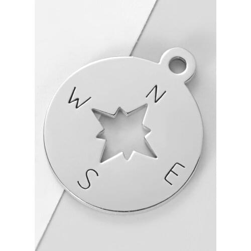 25pcs/lot Mirror Polish Stainless Steel Compass Charm Round Disc Travel Compass Charms DIY Jewelry