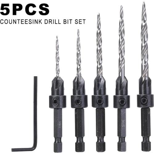 5pcs 1/4 Inch Hex Shank Wood Countersink Drill Bit Set For Wood/Metal Hole Cutter Power Tools HSS Twist Drill Bits