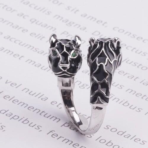 Enameled Black Panther Double Heads Finger Ring Green Eyes Copper Leopard Animal Finger Ring for men women party