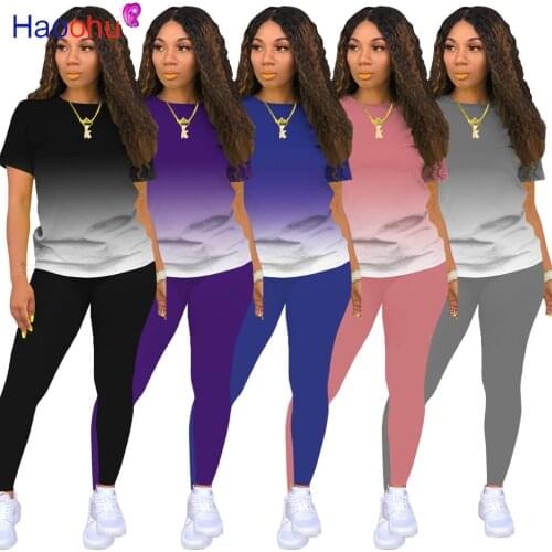 HAOOHU Active Gradient Color Sweatsuit Womens Set Tee Top Legging Pants Suit Tracksuit Two Piece Set Fitness Outfit